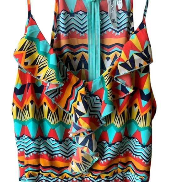 Pink Owl Mini Dress Size Large Southwest Aztec Ruffle Tunic Front Geometric - Picture 6 of 9